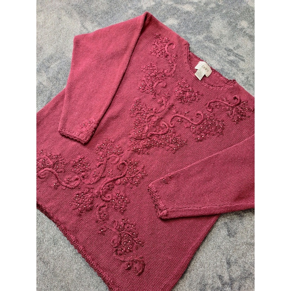 Vtg Jenny Embroidered Pearl Sweater Womens M Burgundy Cottage Coquette